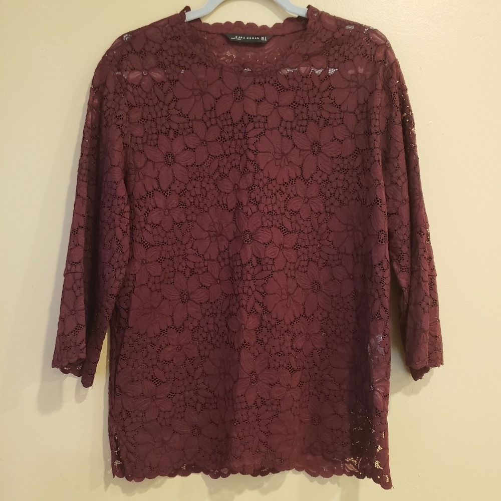 Zara Woman Maroon Laser Cut Lace Blouse